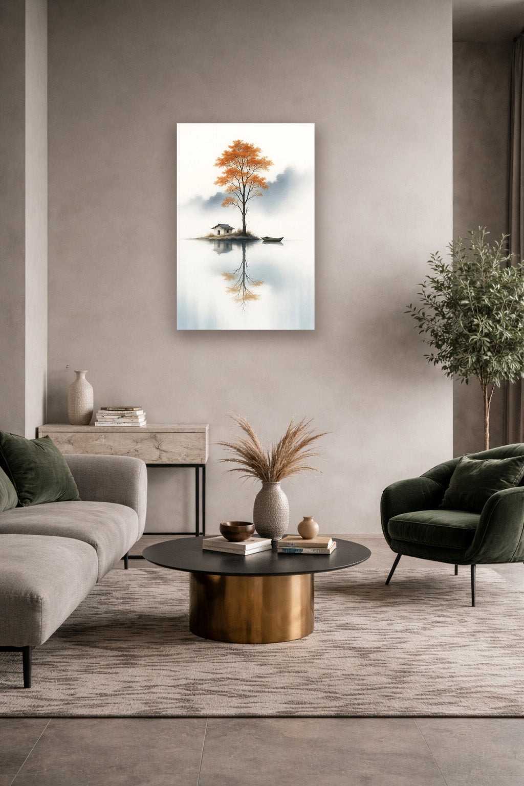 Autumn Refuge poster in a modern neutral living room with a green accent chair