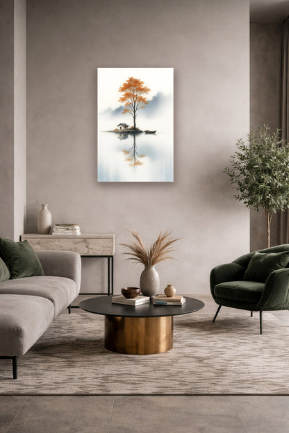 Autumn Refuge poster in a modern neutral living room with a green accent chair