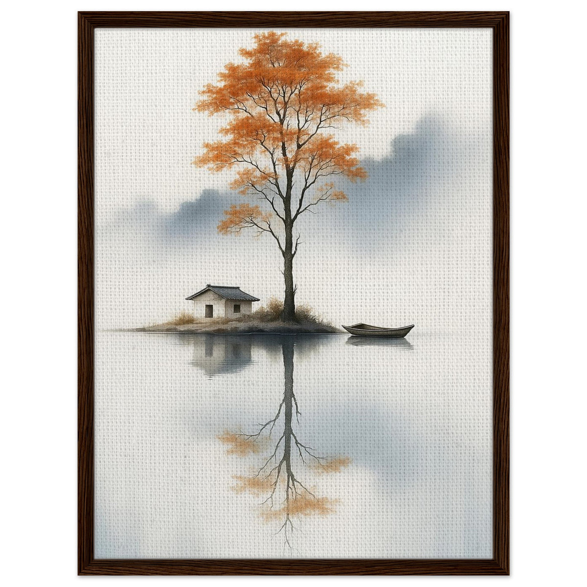 Autumn orange tree by a misty lake with house and boat in dark wood frame