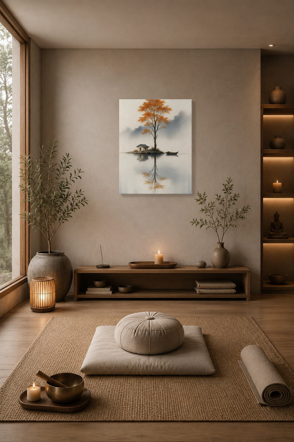 Autumn tree lake canvas artwork in minimalist Zen meditation room with neutral decor