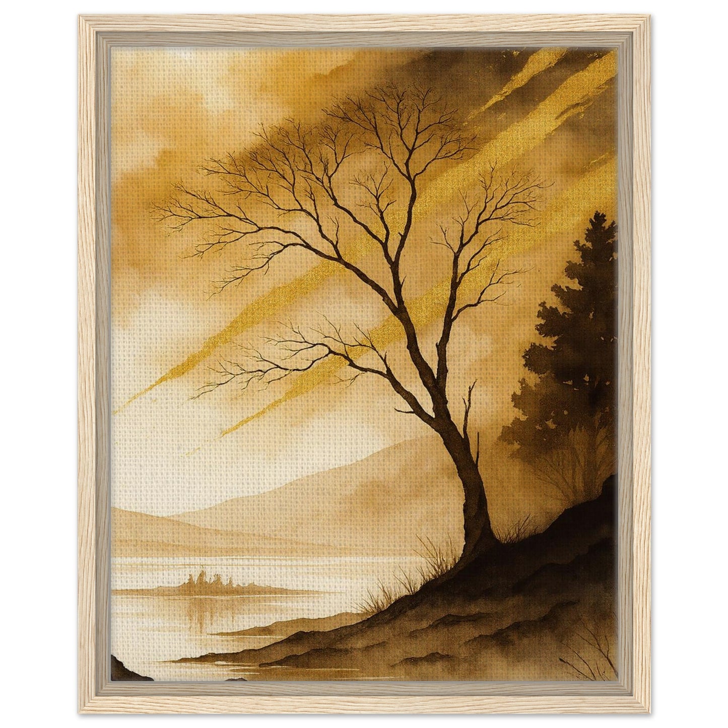 Autumn toned landscape with a bare tree overlooking distant mountains in dark wood frame