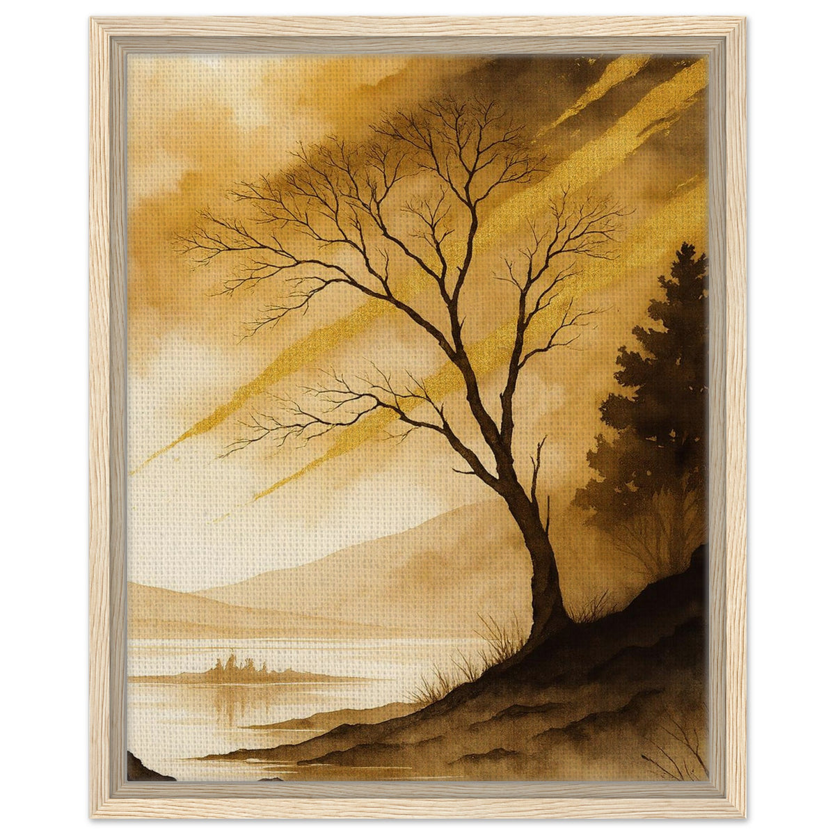Autumn toned landscape with a bare tree overlooking distant mountains in dark wood frame