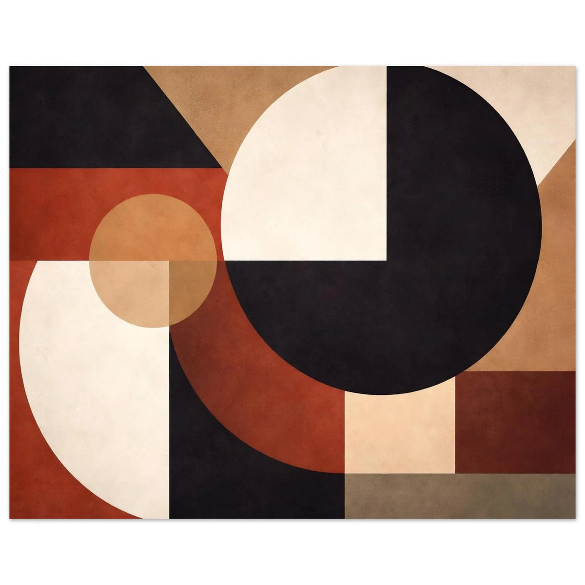 Detail of the geometric art poster showing the large black circle meeting the cream quarter arch
