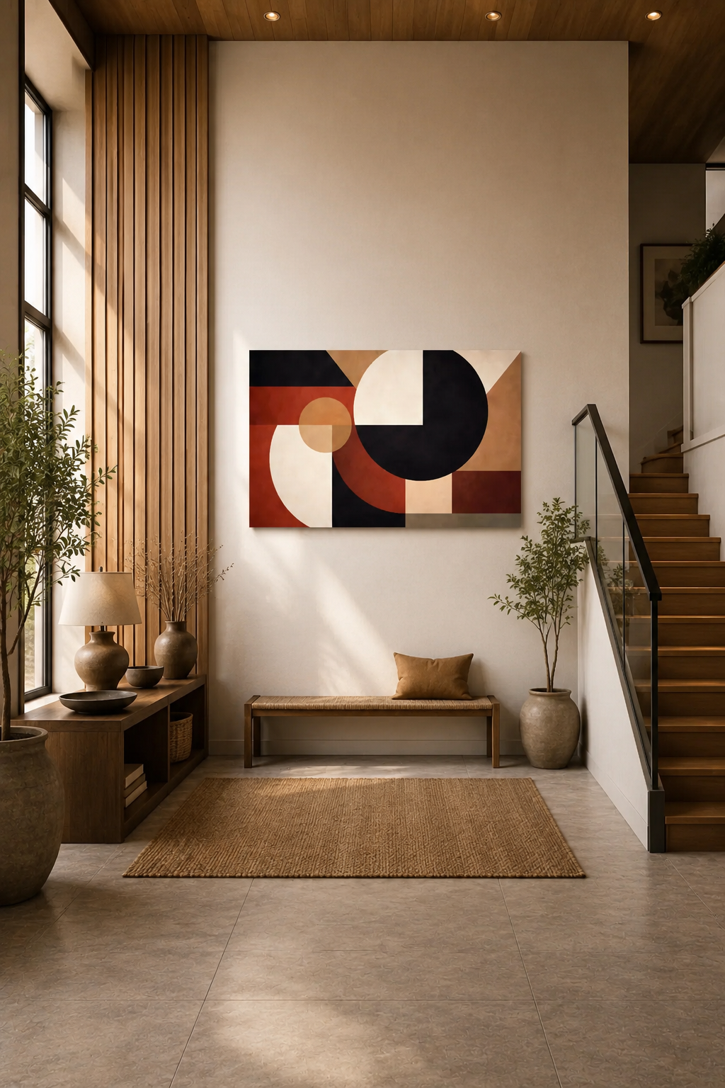 Modern entryway with wooden accents and the Axis and Void geometric art poster