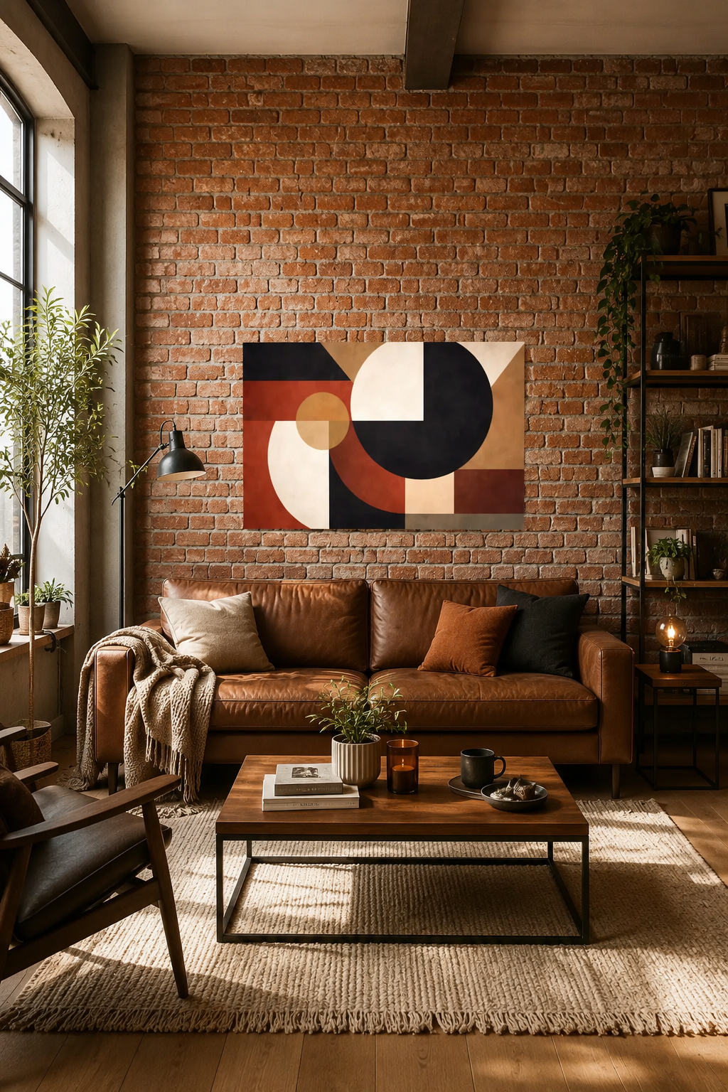 Industrial loft living room with exposed brick wall and the Axis and Void geometric art poster above a leather sofa