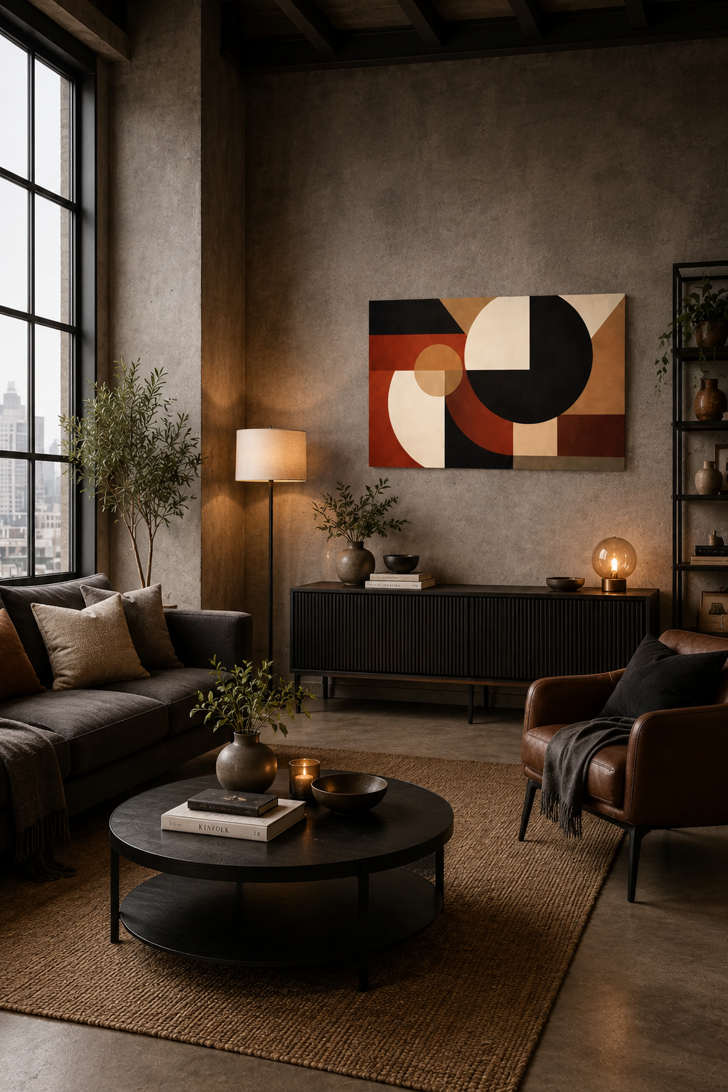 Modern industrial living room with concrete walls and the Axis and Void geometric art poster