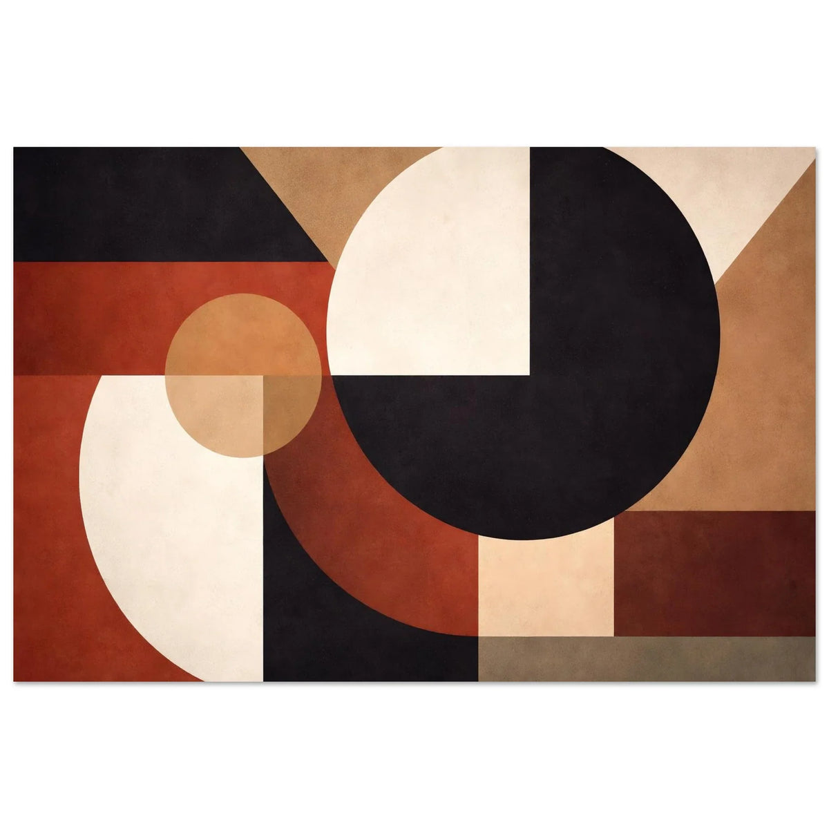 Axis and Void modern architectural wall art poster with black, cream, beige and reddish-brown circles, arches and rectangles
