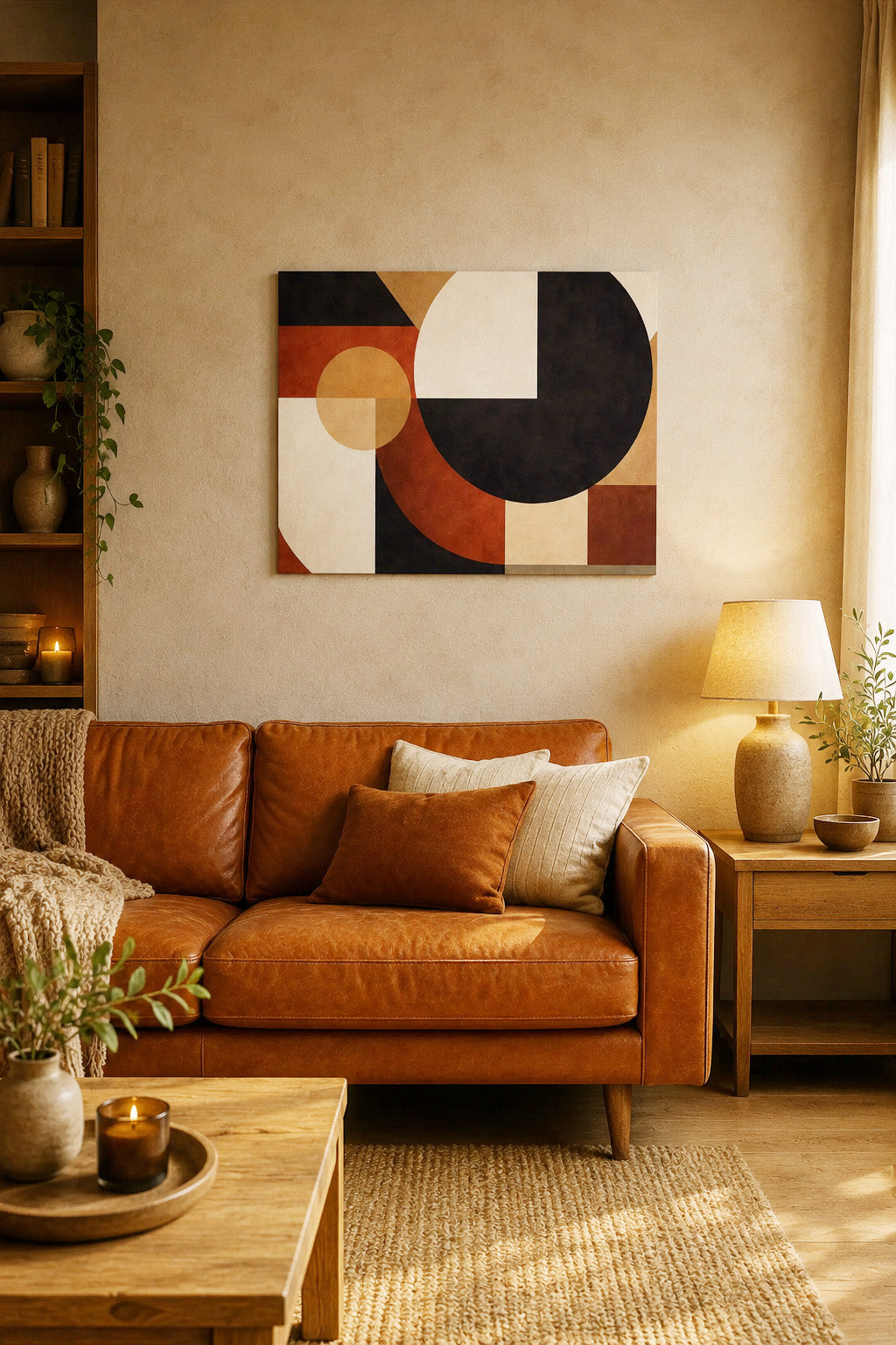 Cozy living room with caramel leather sofa and Axis Void abstract geometric canvas wall art in warm interior decor