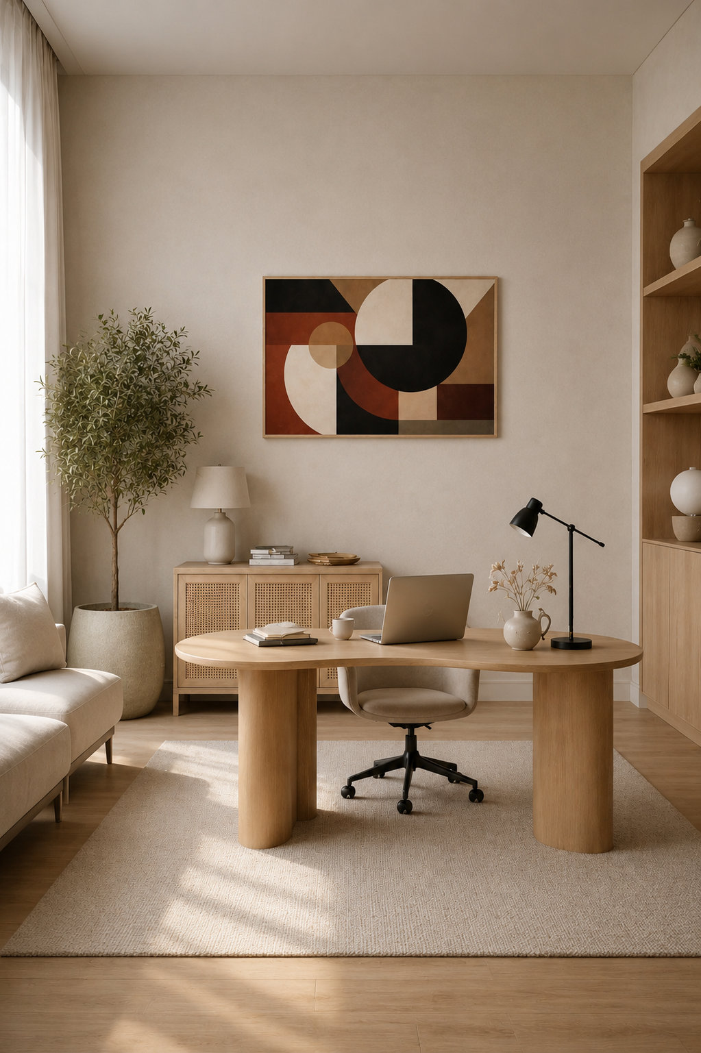Axis and Void framed wall art in a minimalist home office with light wood furniture