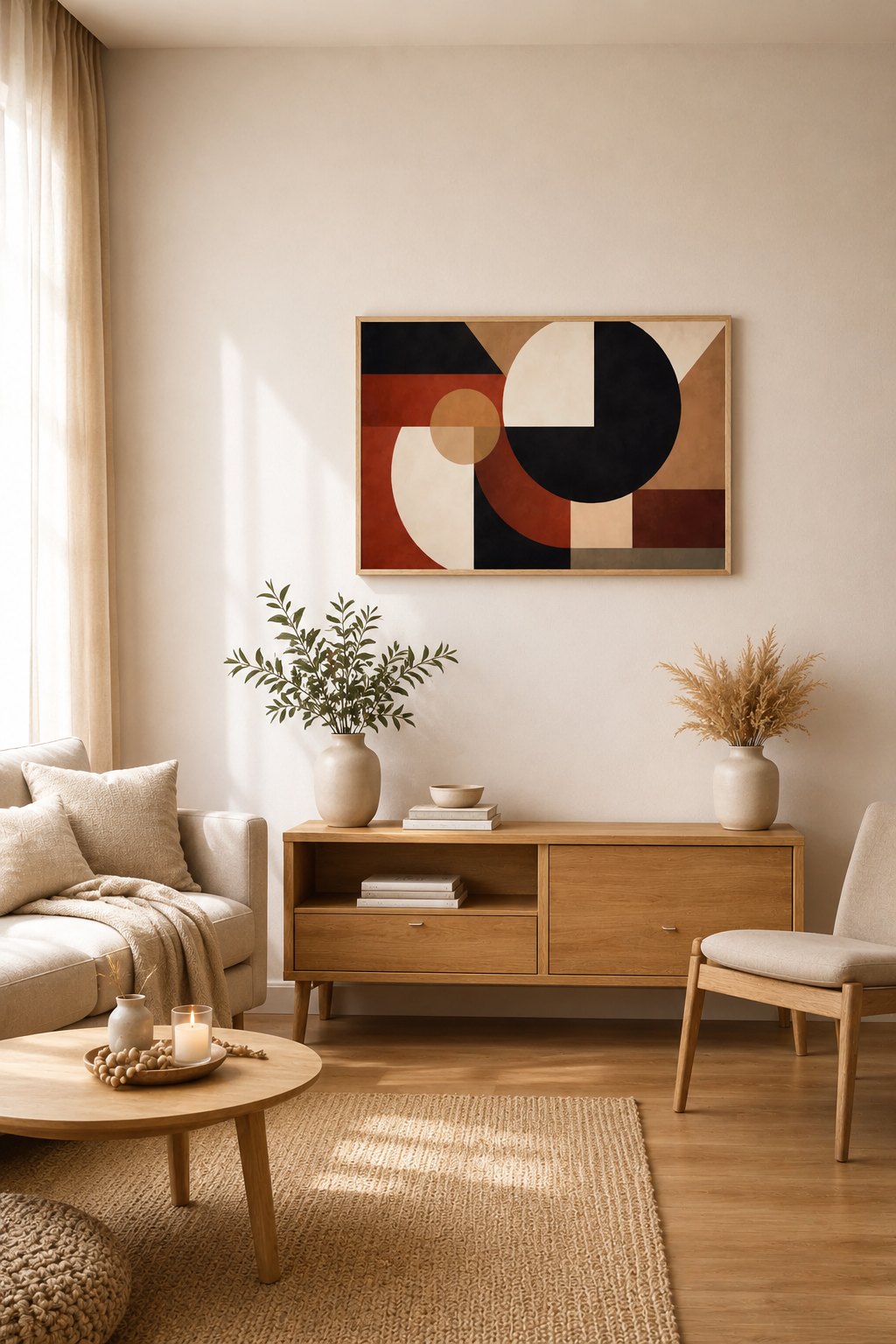 Axis and Void framed wall art in a cozy minimalist living room with a wooden console