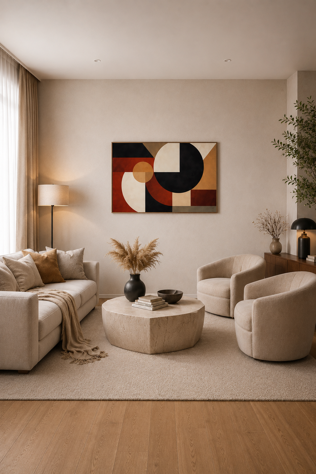 Axis and Void framed wall art in a modern living room with a sculptural coffee table