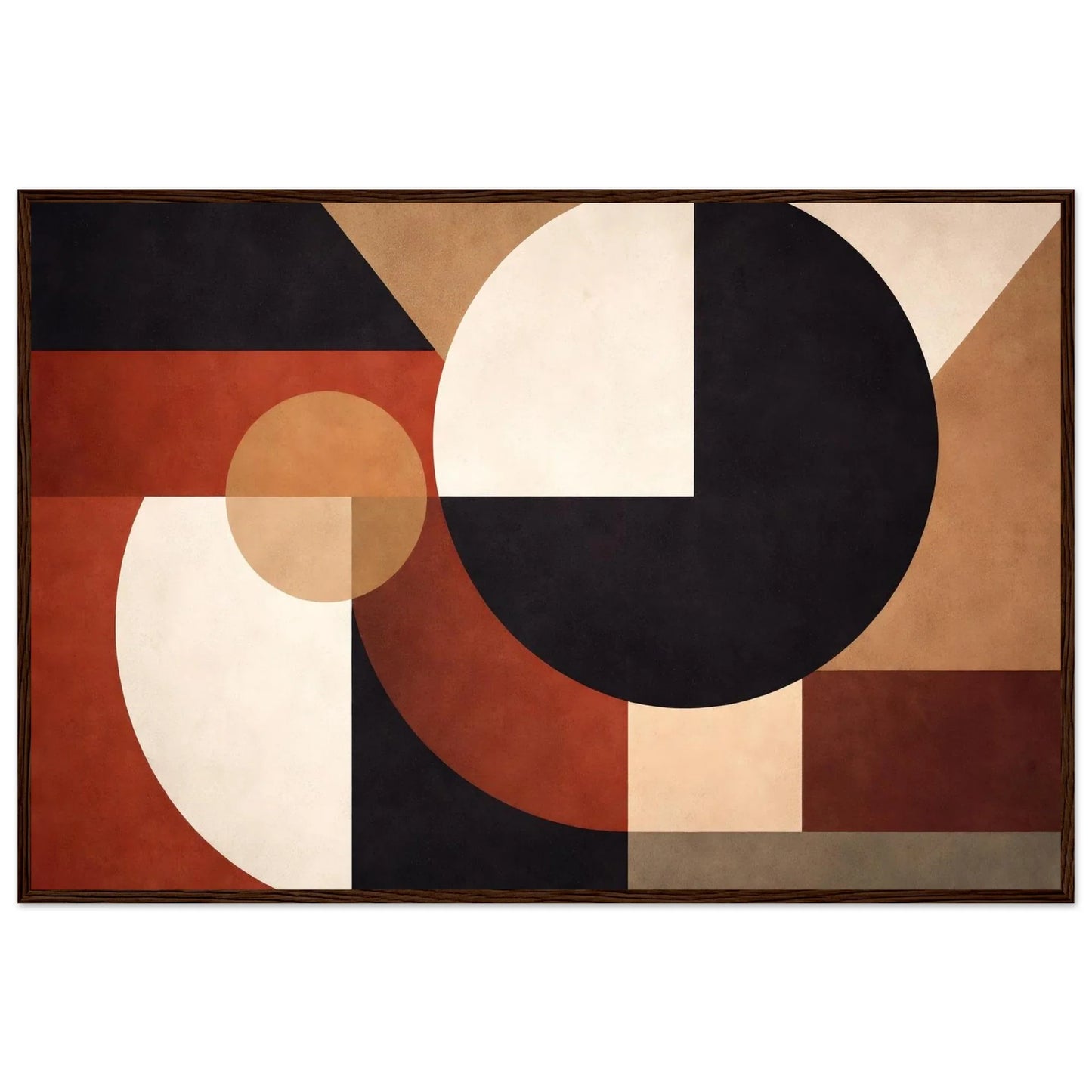 Framed geometric wall art in a slim black frame showing the full landscape composition