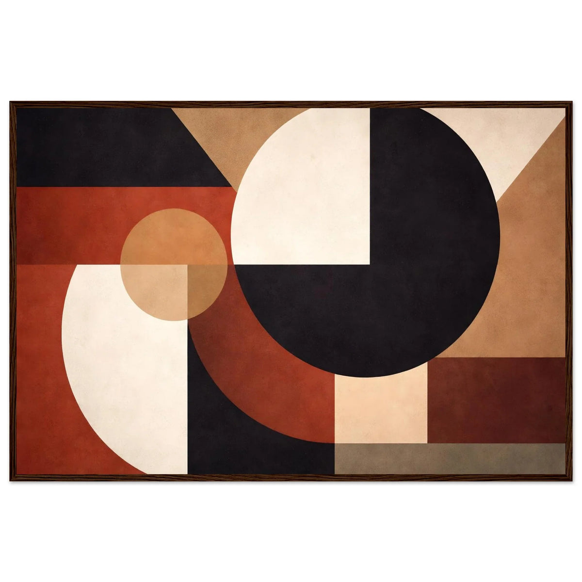 Framed geometric wall art in a slim black frame showing the full landscape composition