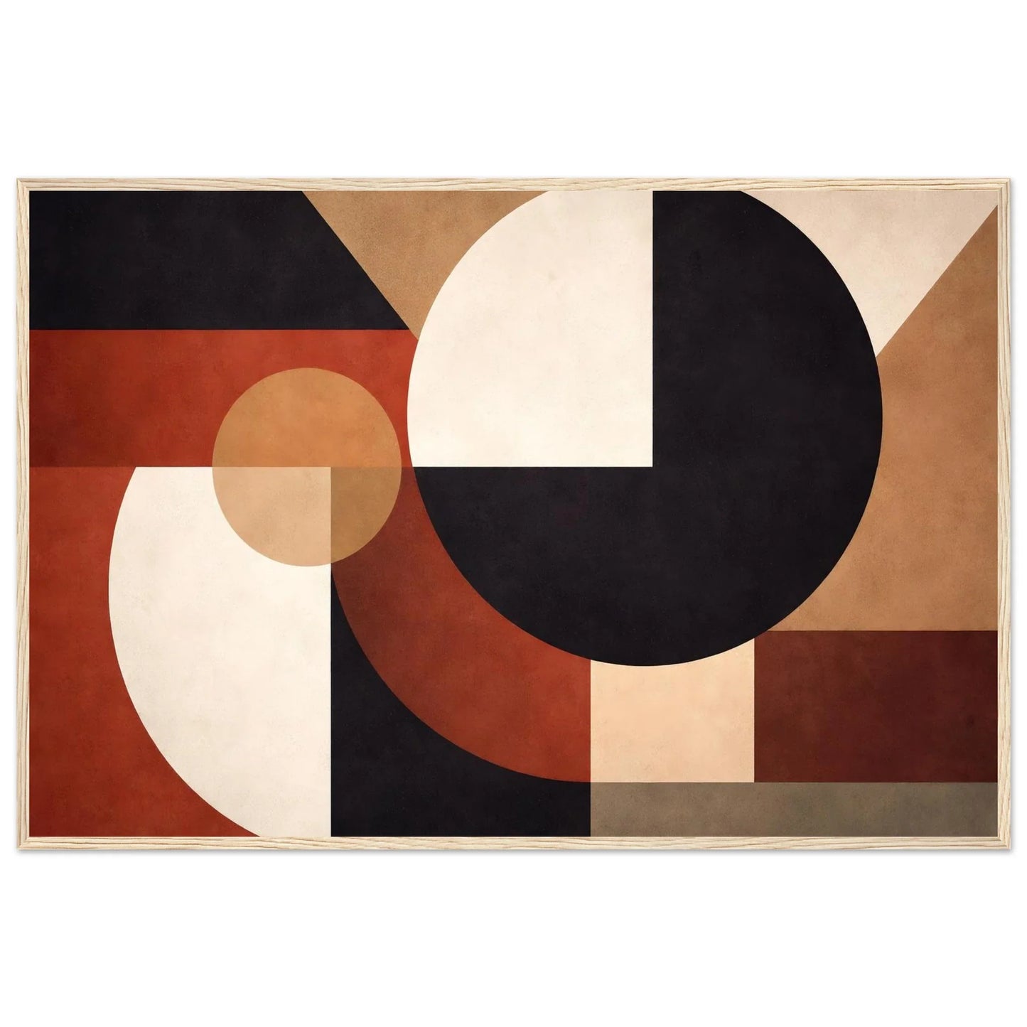 Framed geometric wall art in a natural wood frame showing the full landscape composition
