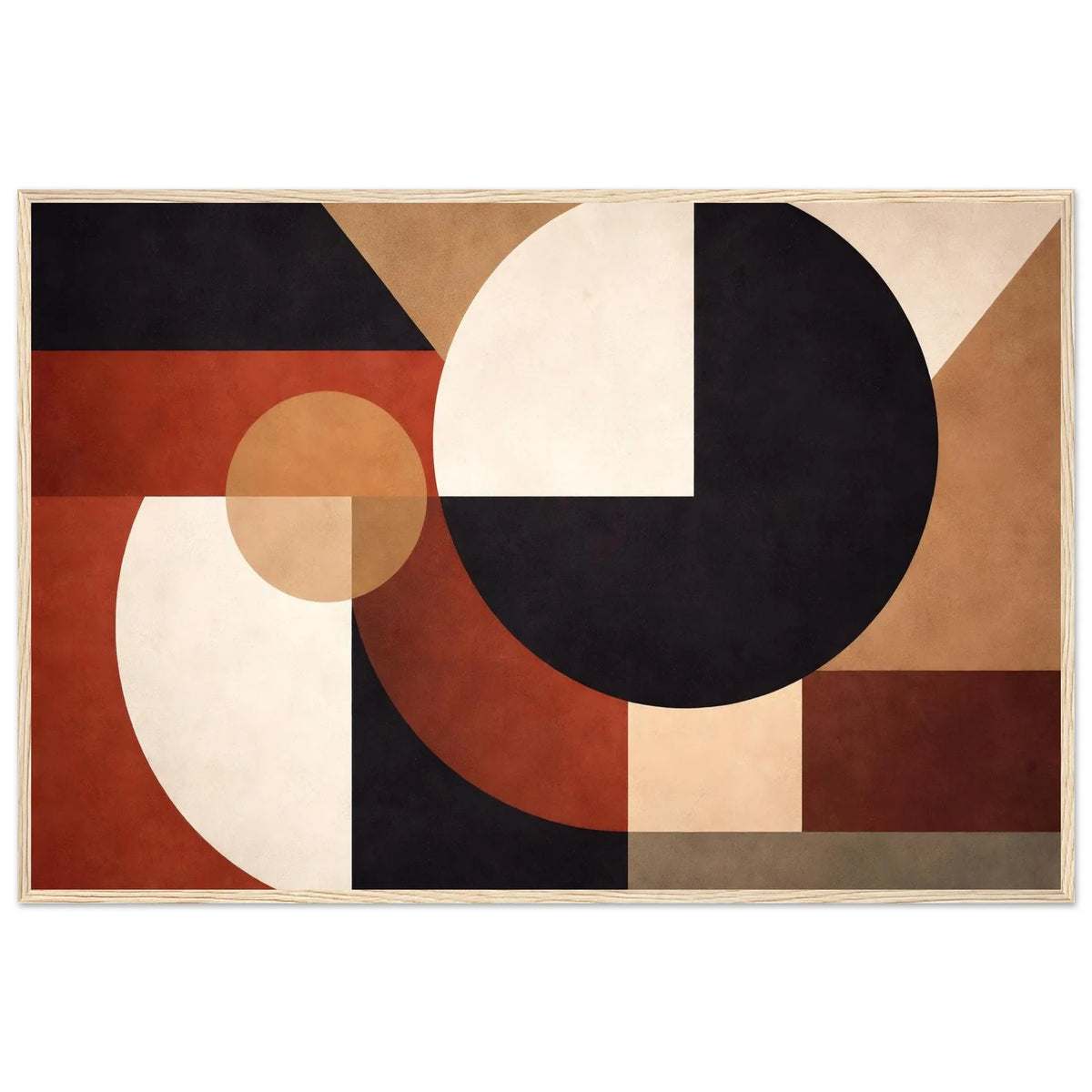 Framed geometric wall art in a natural wood frame showing the full landscape composition