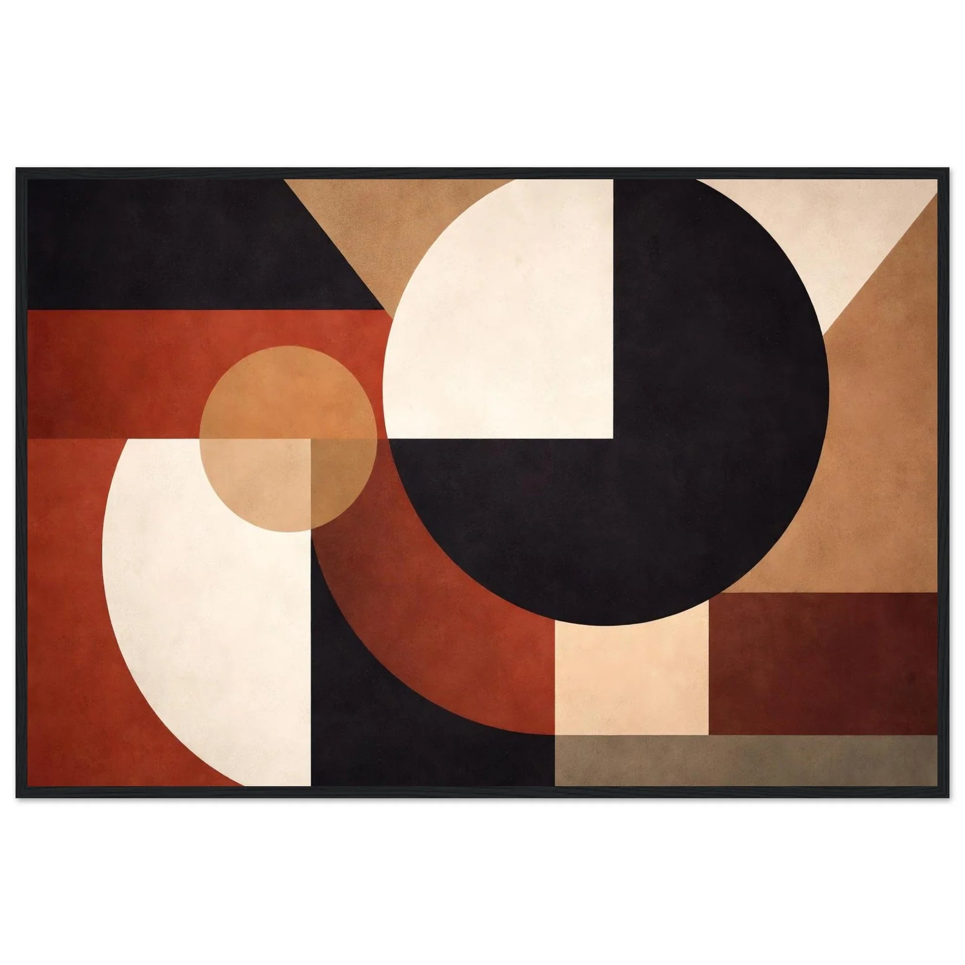 Axis and Void minimalist geometric framed wall art with black, cream, beige and reddish-brown arcs and blocks in a black wooden frame