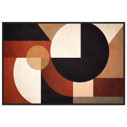 Axis and Void minimalist geometric framed wall art with black, cream, beige and reddish-brown arcs and blocks in a black wooden frame