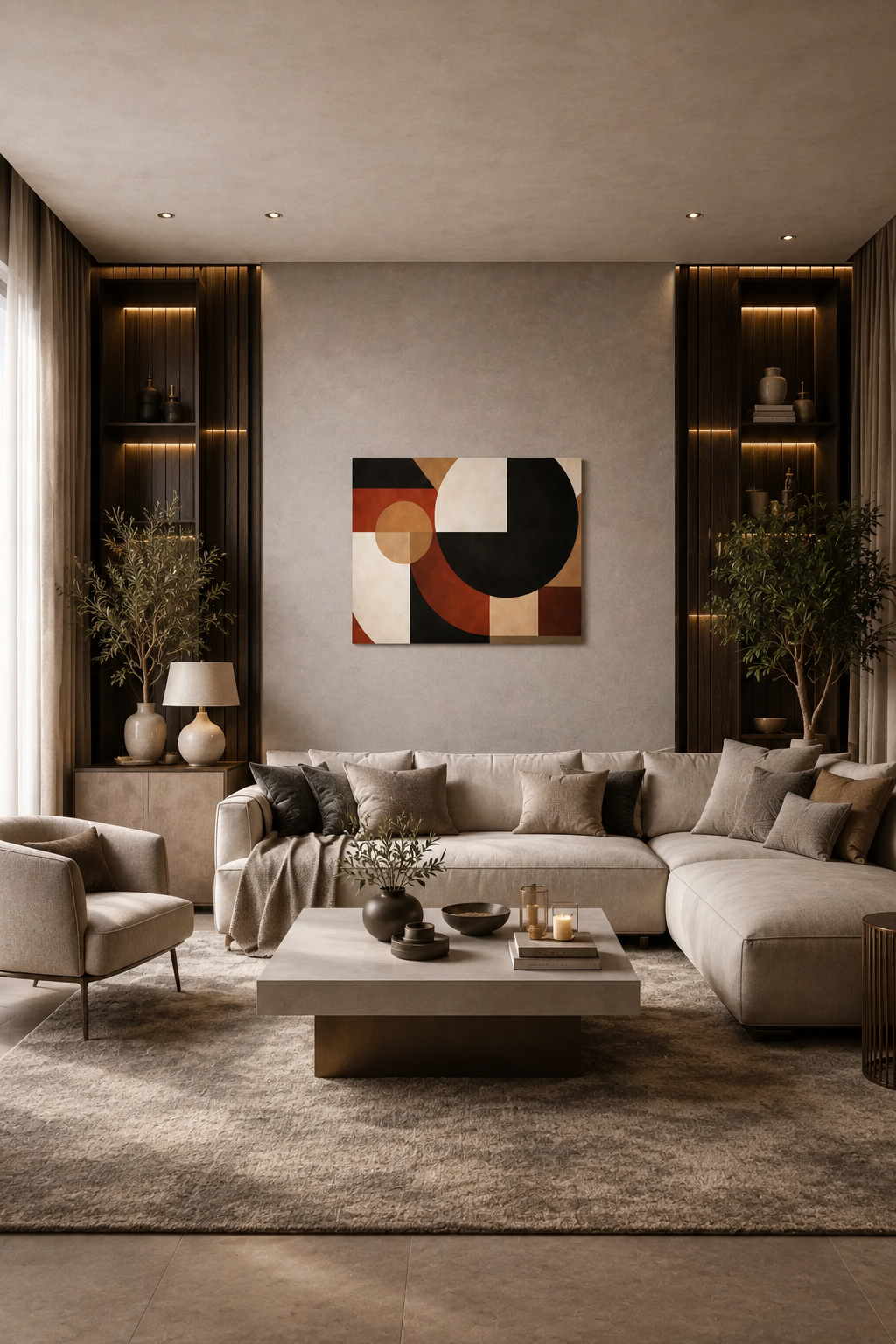 Luxury neutral living room with modern sectional sofa and Axis Void abstract canvas wall art styling