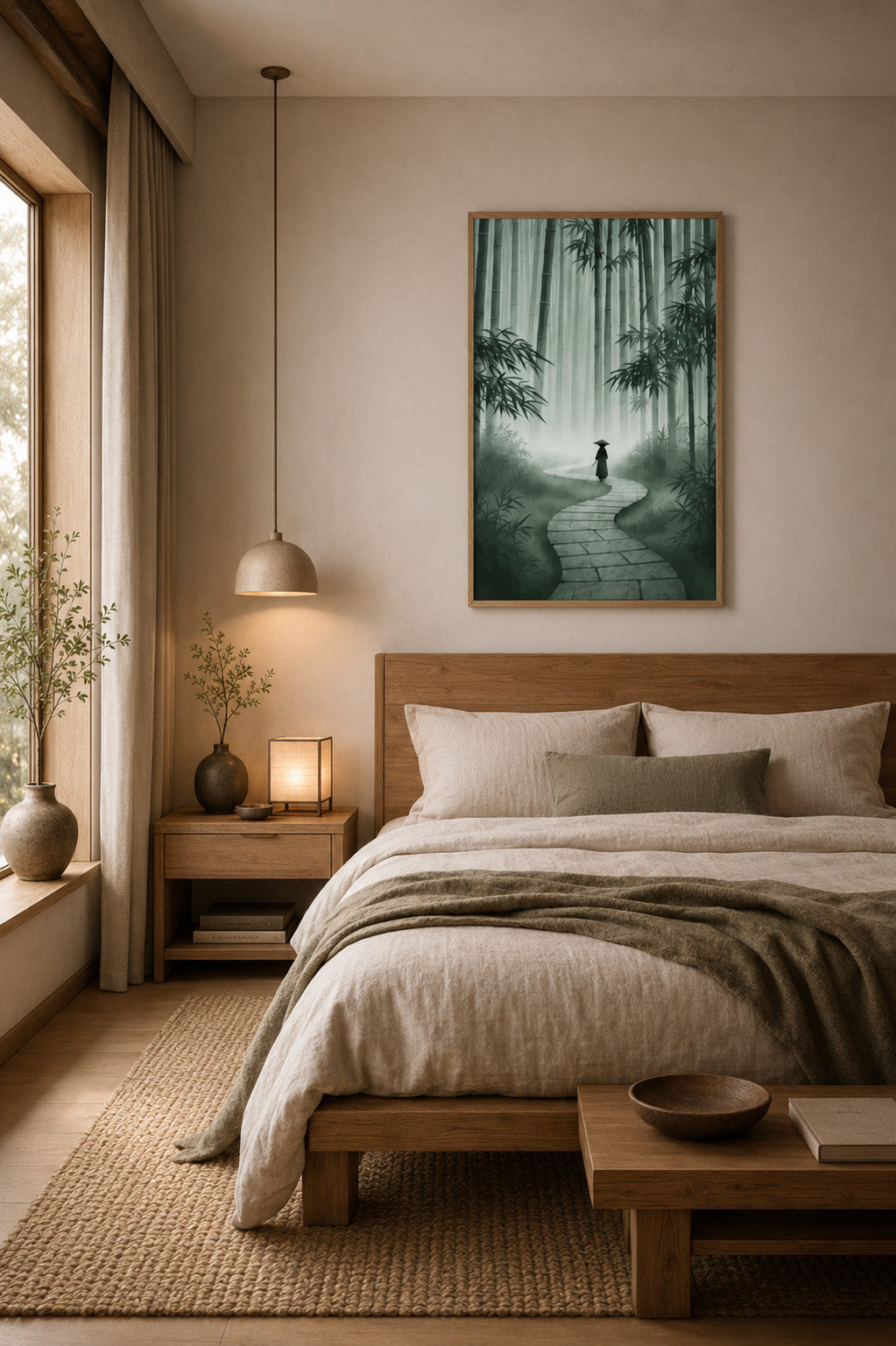 Bamboo forest poster with light wood frame styled above a neutral bedroom bed in a calm Japandi interior.
