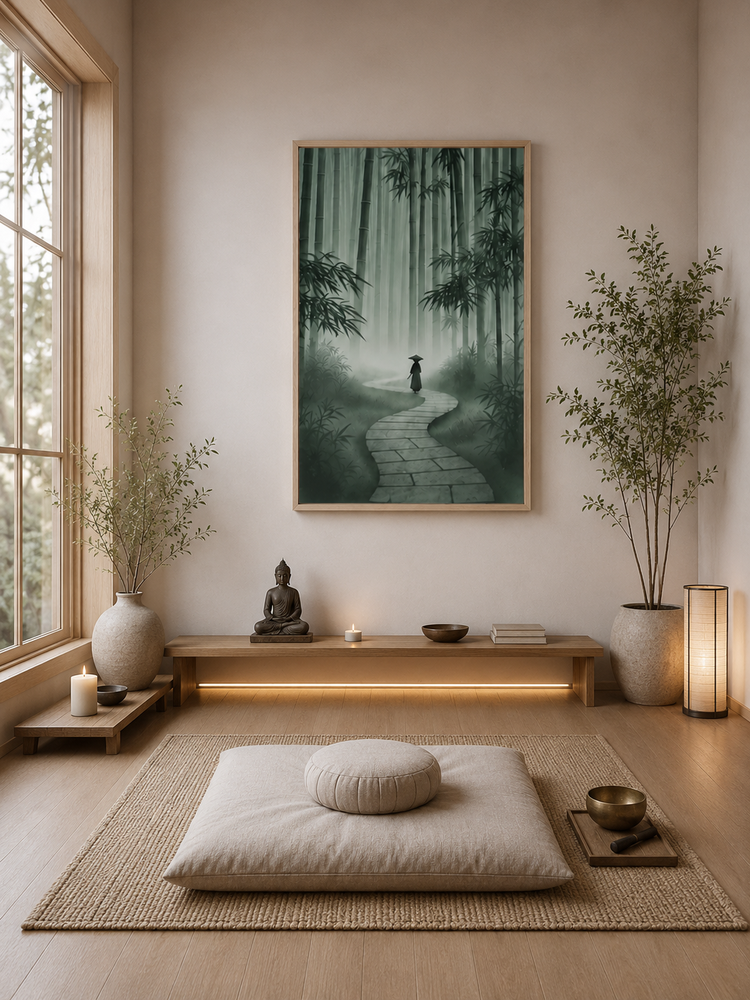 Bamboo forest poster with light wood frame displayed in a minimalist meditation room with floor cushion, Buddha decor and warm ambient lighting.