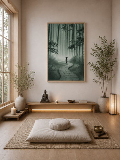 Bamboo forest poster with light wood frame displayed in a minimalist meditation room with floor cushion, Buddha decor and warm ambient lighting.