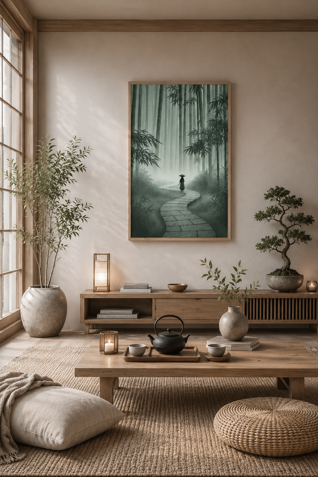 Bamboo forest wall art poster in a zen-inspired living room with neutral decor, floor cushions and light wood accents.