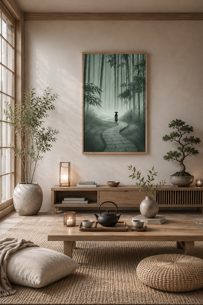 Bamboo forest wall art poster in a zen-inspired living room with neutral decor, floor cushions and light wood accents.
