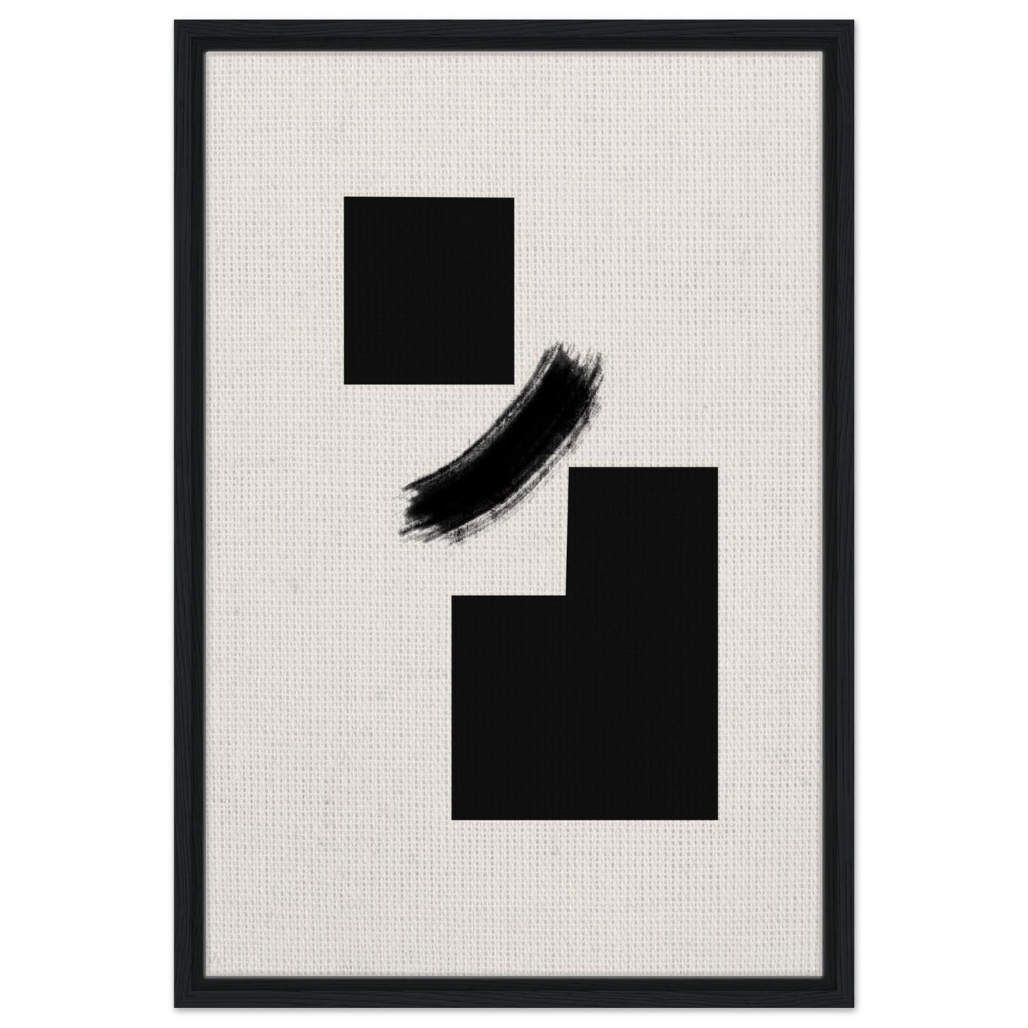 Bauhaus inspired black geometric artwork with expressive brush detail in natural wood frame