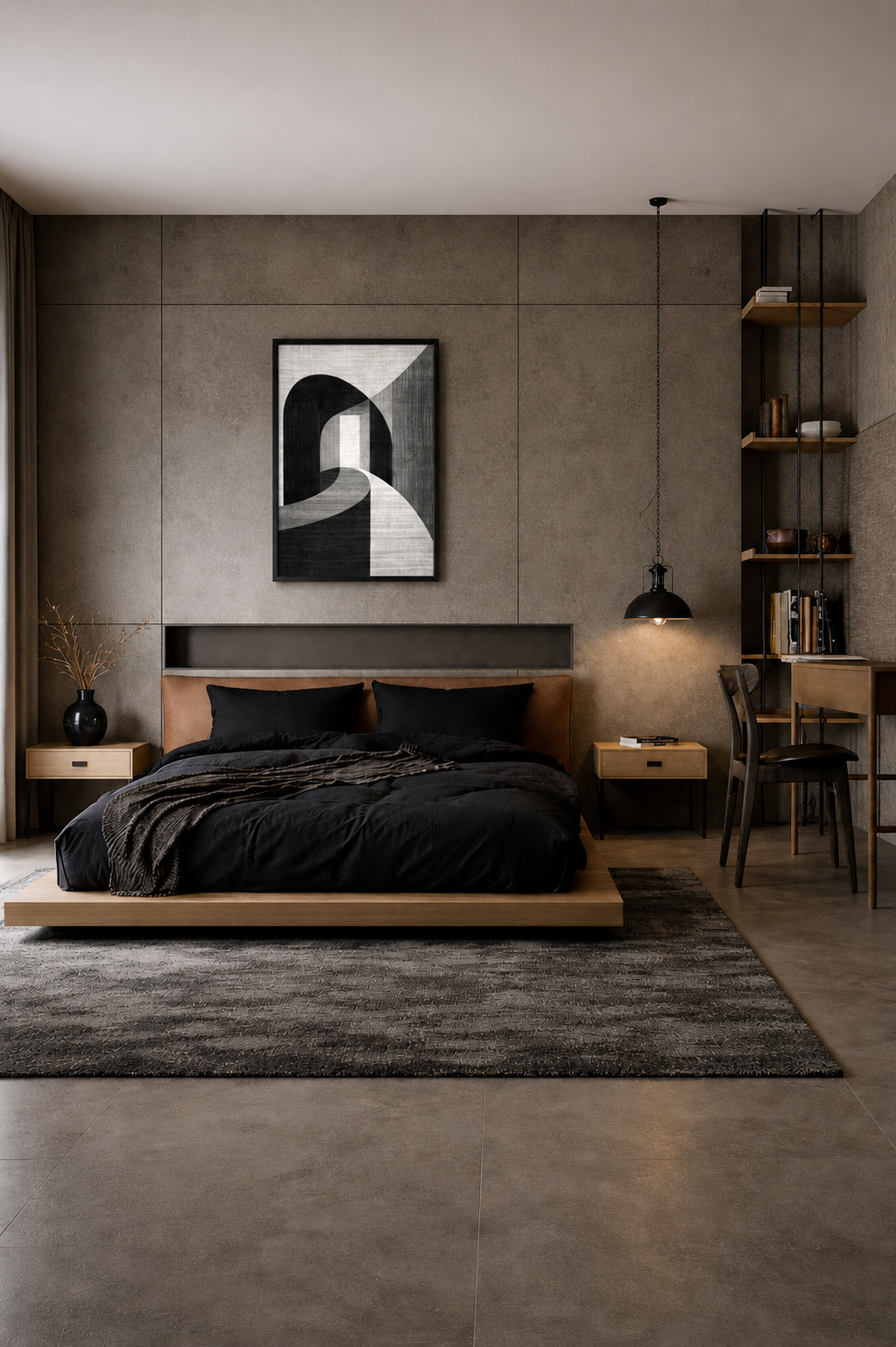 Framed black and white abstract wall art with a realistic black wooden frame above a modern platform bed in a minimalist industrial bedroom interior.