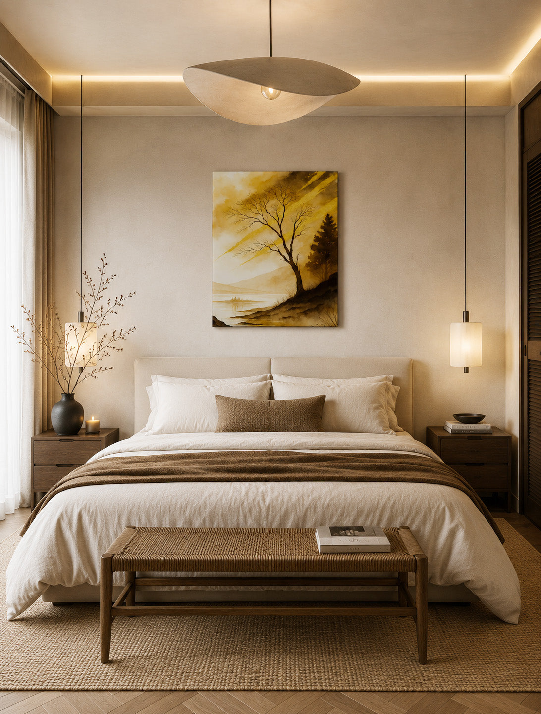 Modern bedroom mockup featuring golden tree canvas wall art above bed in neutral luxury interior