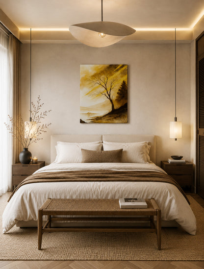 Modern bedroom mockup featuring golden tree canvas wall art above bed in neutral luxury interior