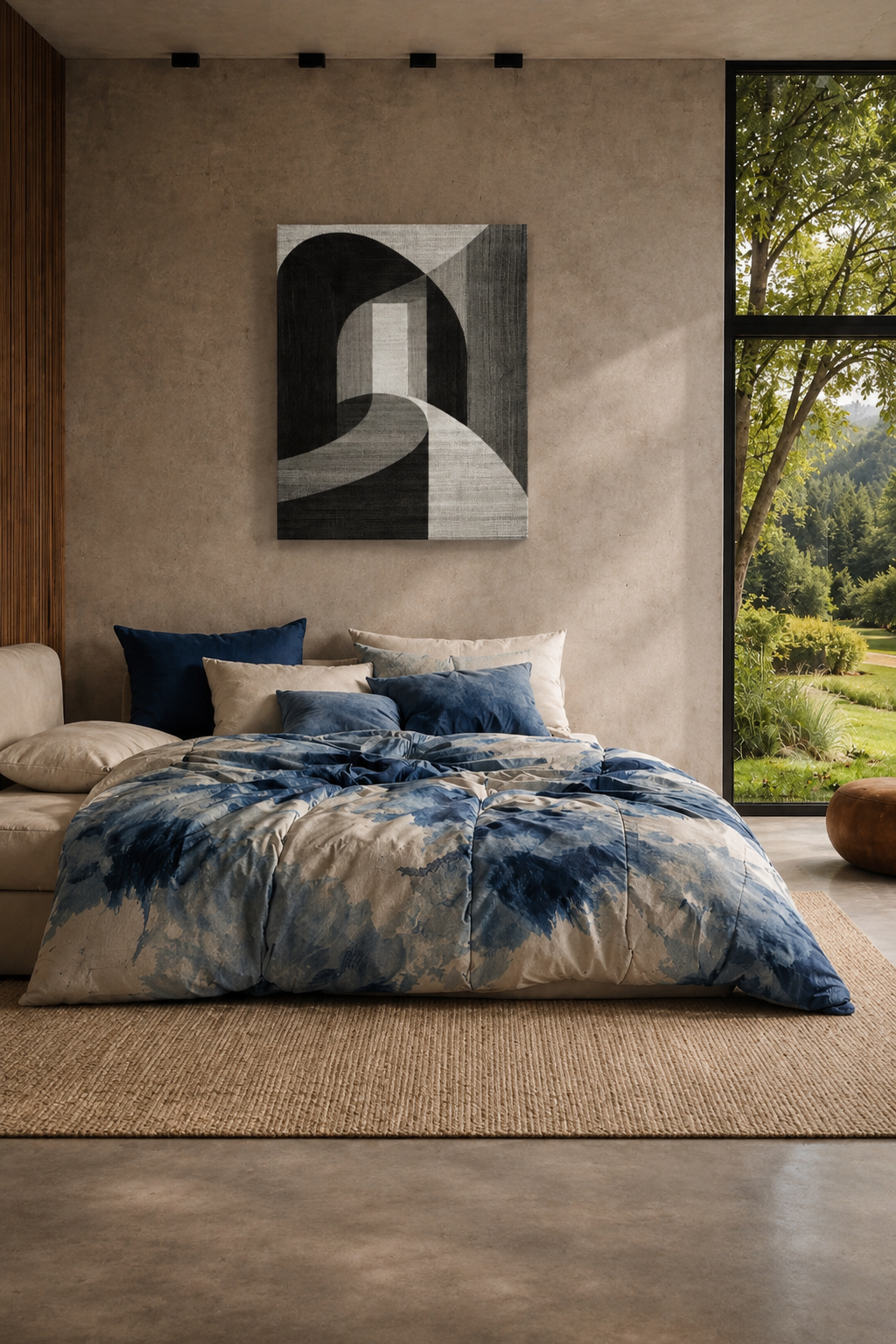Modern abstract canvas wall art above bed in a cozy bedroom with blue bedding and natural light