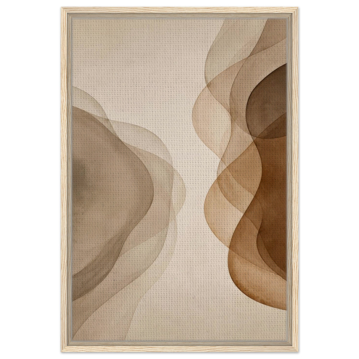 Beige and brown abstract art print with natural wood frame