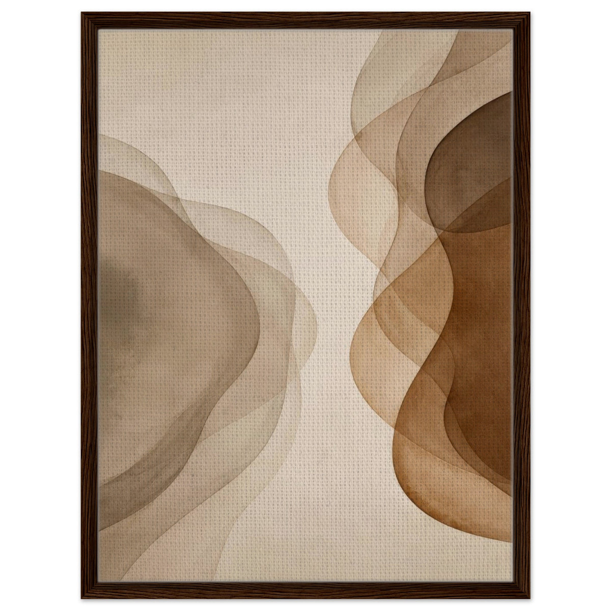 Beige and brown abstract art print in dark wood frame