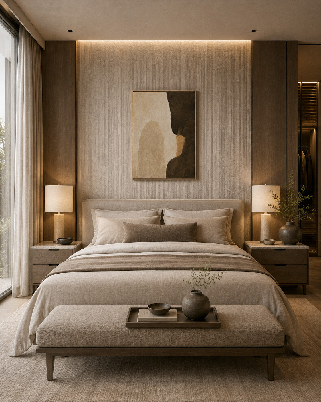 Beige and brown abstract artwork displayed above a bed in a warm minimalist bedroom