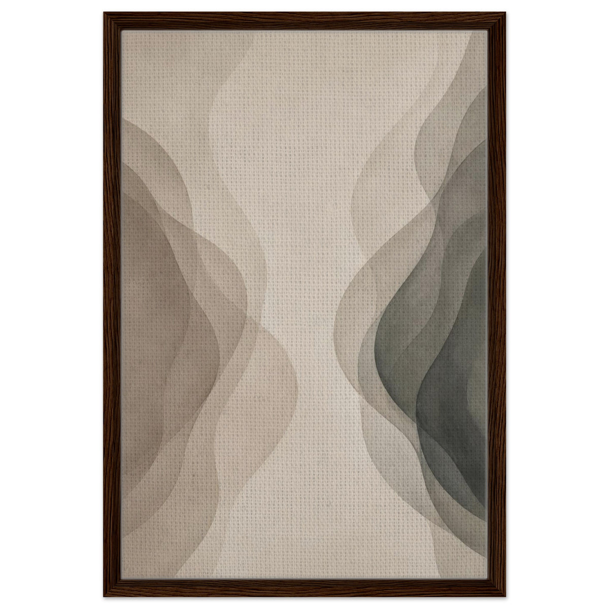 Beige and charcoal abstract wall art with soft organic shapes in dark wood frame