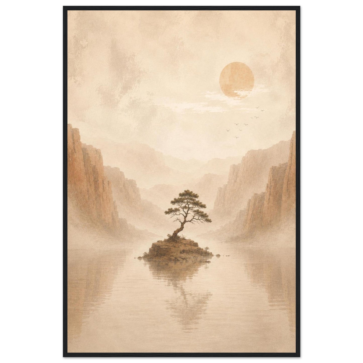 Minimalist beige landscape poster framed with dark wood for a modern Japandi interior.