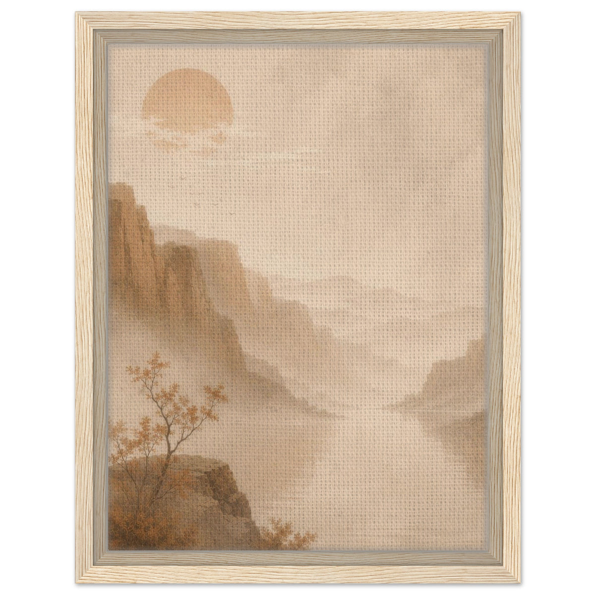 Beige mountain landscape artwork with layered misty peaks in a natural wood frame