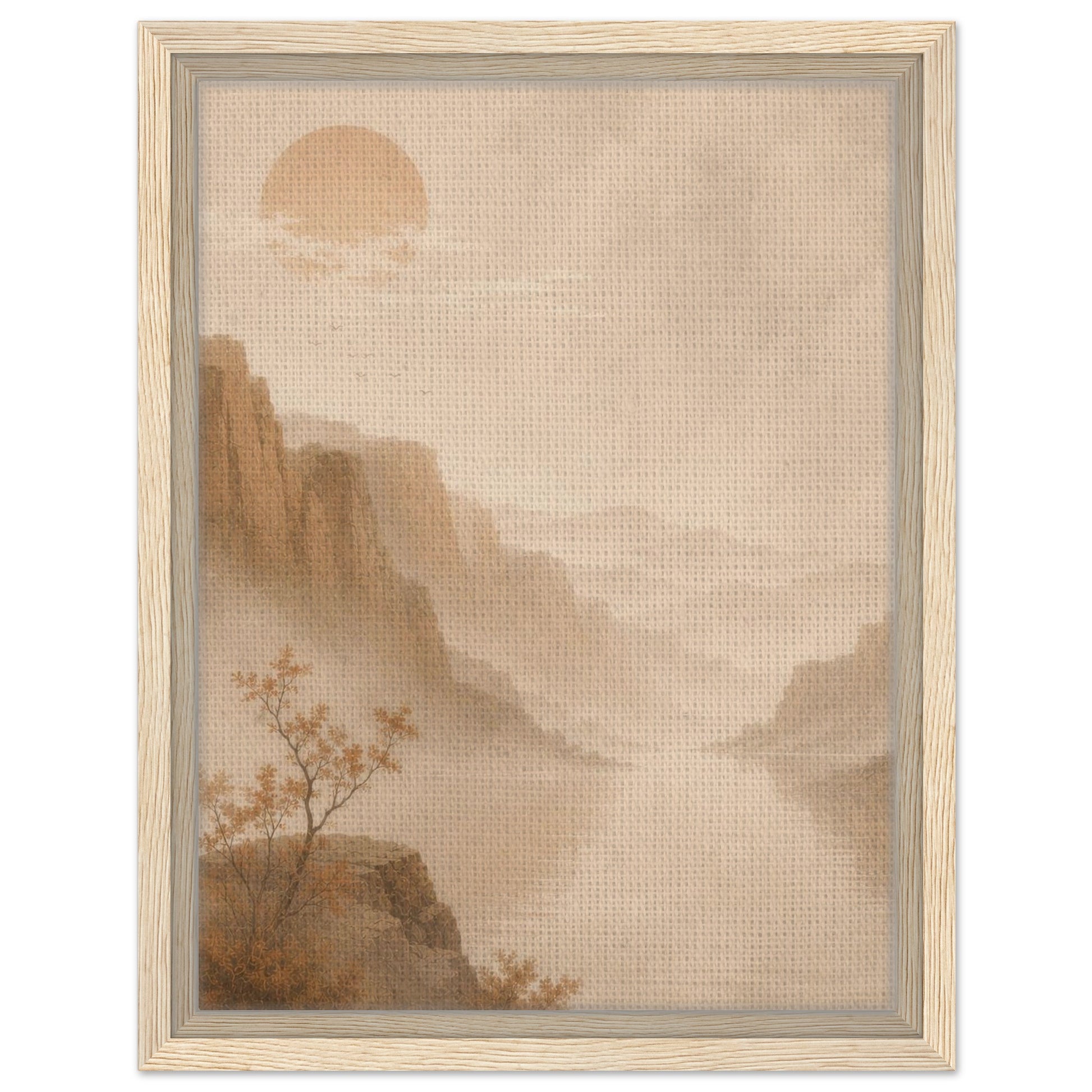 Beige mountain landscape artwork with layered misty peaks in a natural wood frame