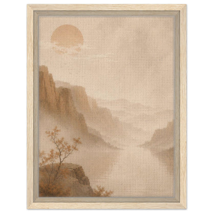 Beige mountain landscape artwork with layered misty peaks in a natural wood frame
