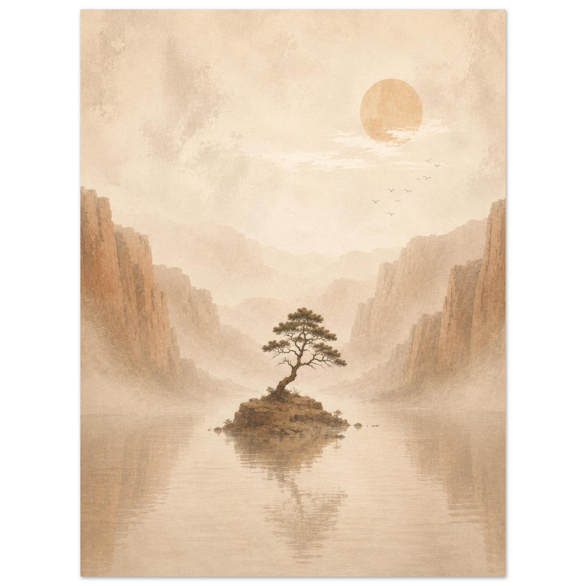 Neutral beige landscape print with mountains, peaceful water reflections and a small island tree.