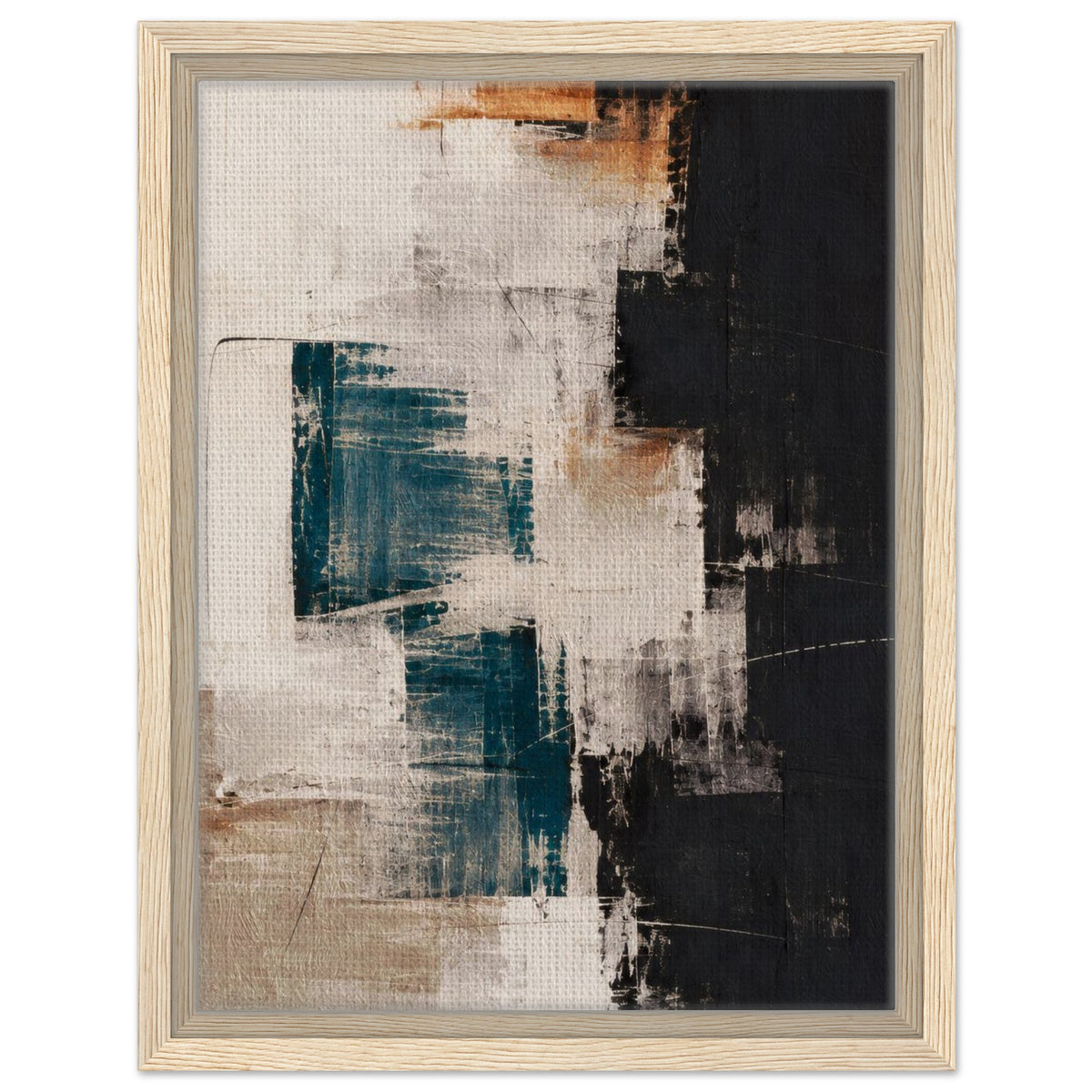 Front view of an abstract canvas with cream, beige, teal and black brushwork in a light wood-colored frame.