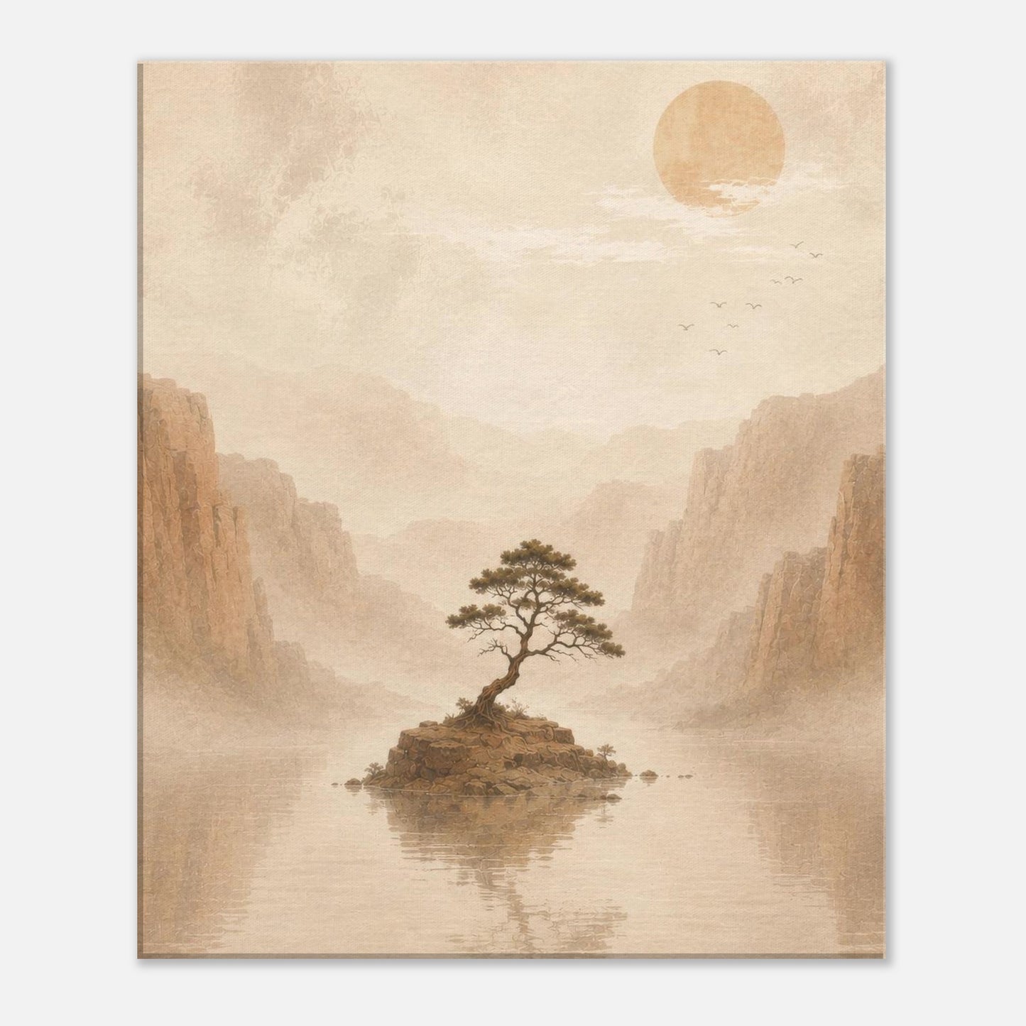 Minimalist wall art featuring a peaceful island tree reflected in still water.