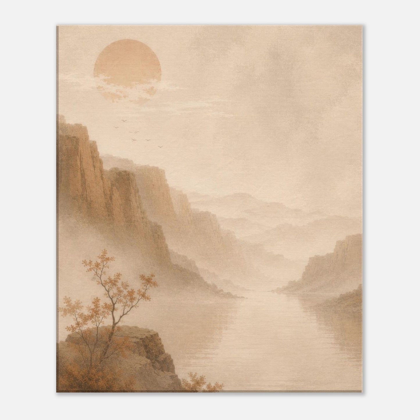 Neutral wall art canvas with soft earth tones and a tranquil river landscape.