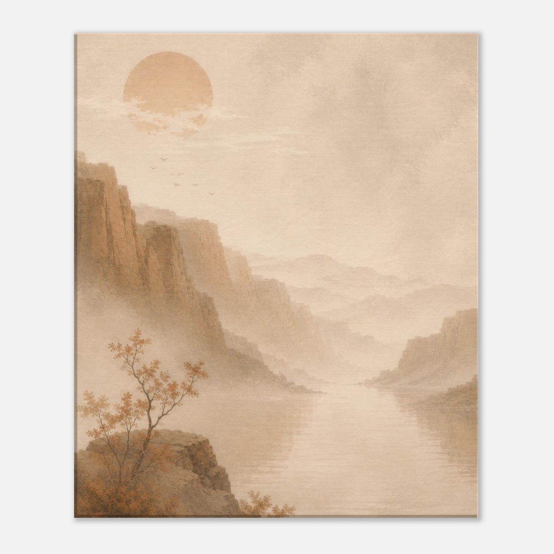 Neutral wall art canvas with soft earth tones and a tranquil river landscape.