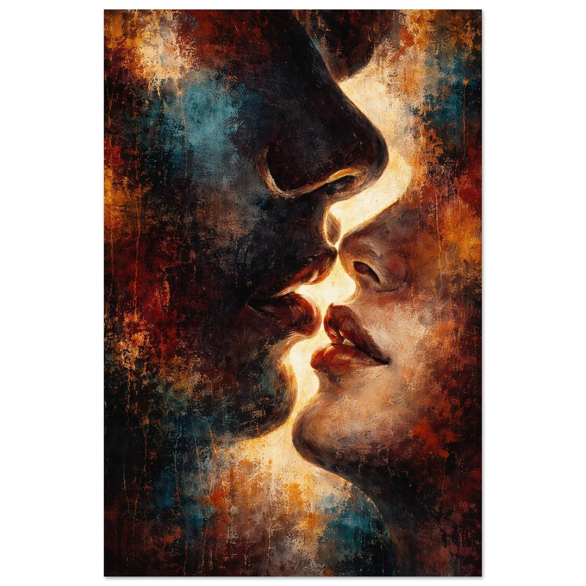 Between Shadow and Gold modern abstract portrait wall art poster with two faces in profile almost touching, lit by warm gold against deep teal and rust.