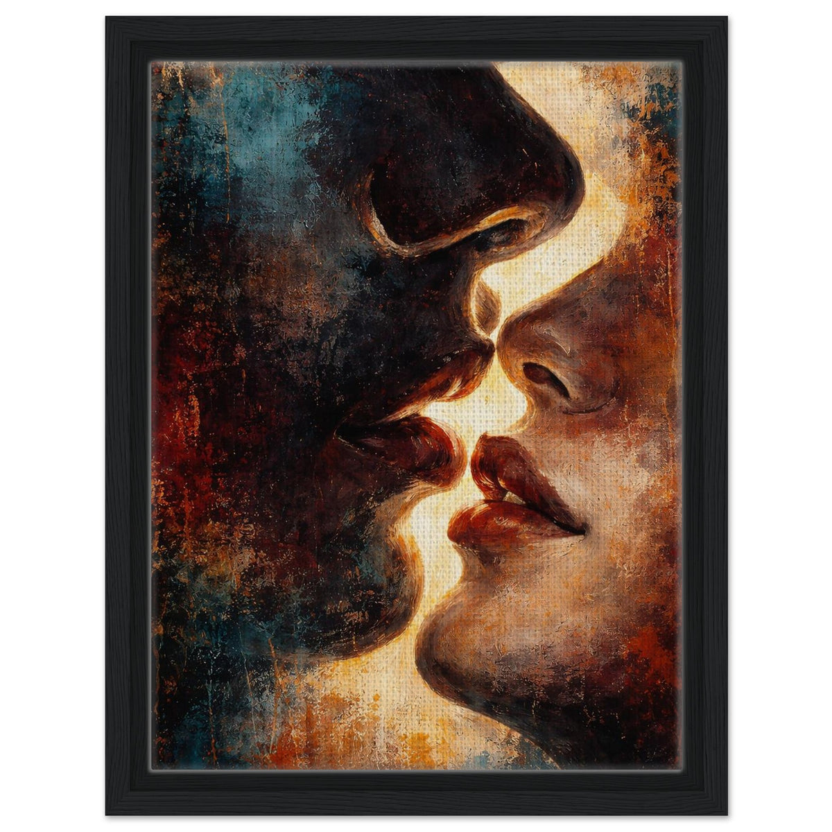 Between Shadow & Gold modern abstract faces framed canvas in a black frame