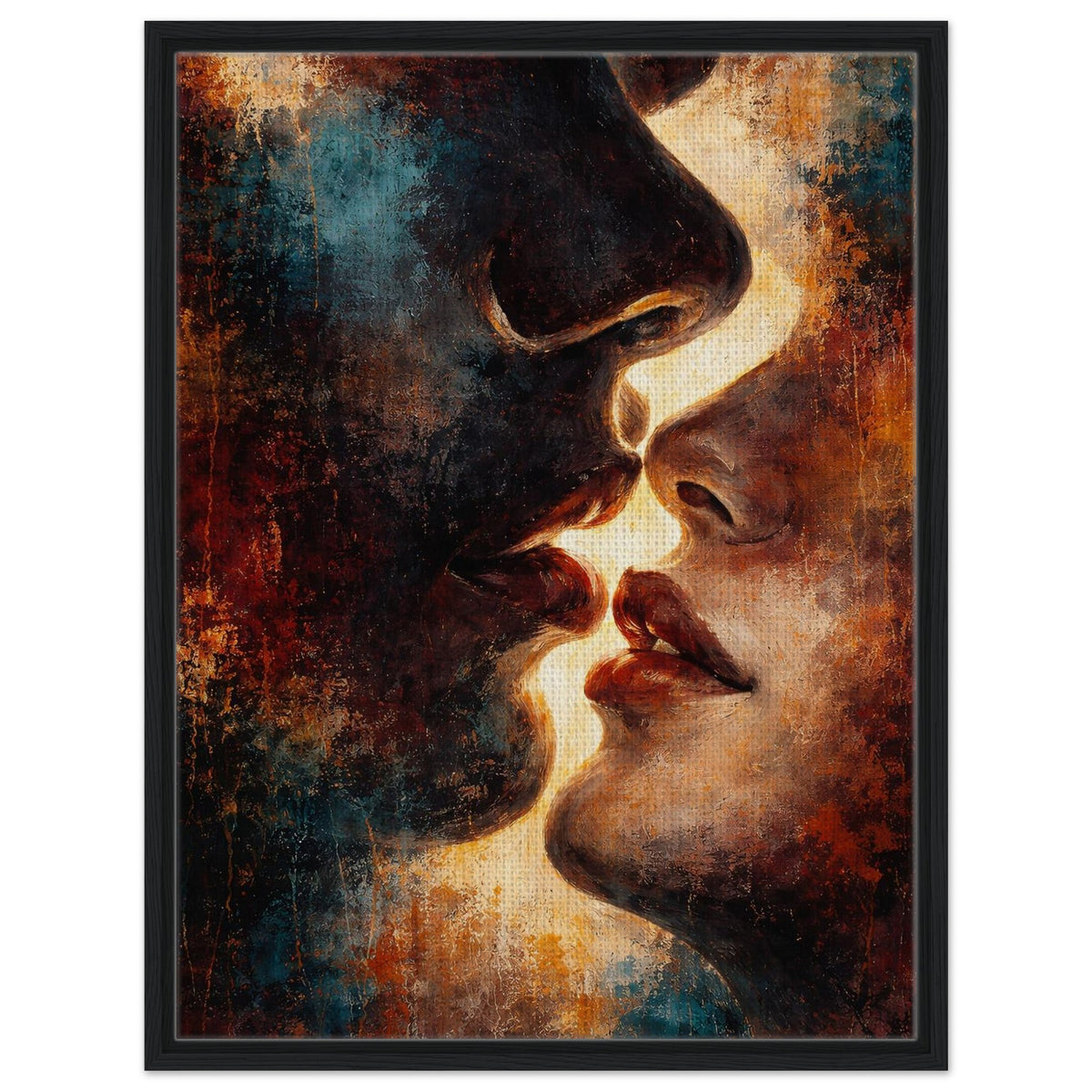 Between Shadow & Gold warm abstract portrait framed canvas wall art in a black frame