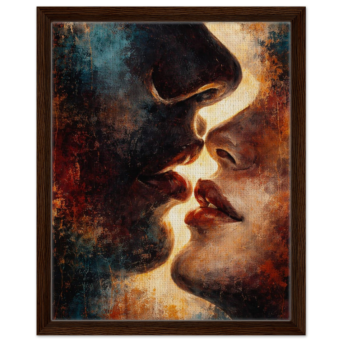 Between Shadow & Gold teal, rust and gold abstract portrait framed canvas in a black frame