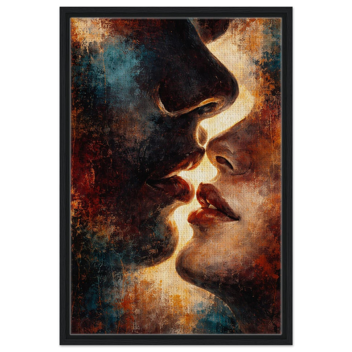 Between Shadow & Gold modern abstract faces framed canvas in a dark wood frame